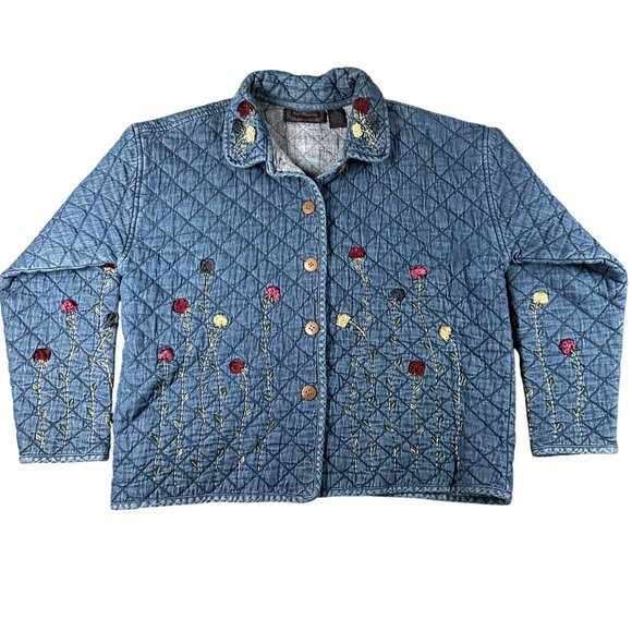 Vtg New Direction Womens L Floral Embroidered Blue Quilted Jacket Button Up - Picture 1 of 11